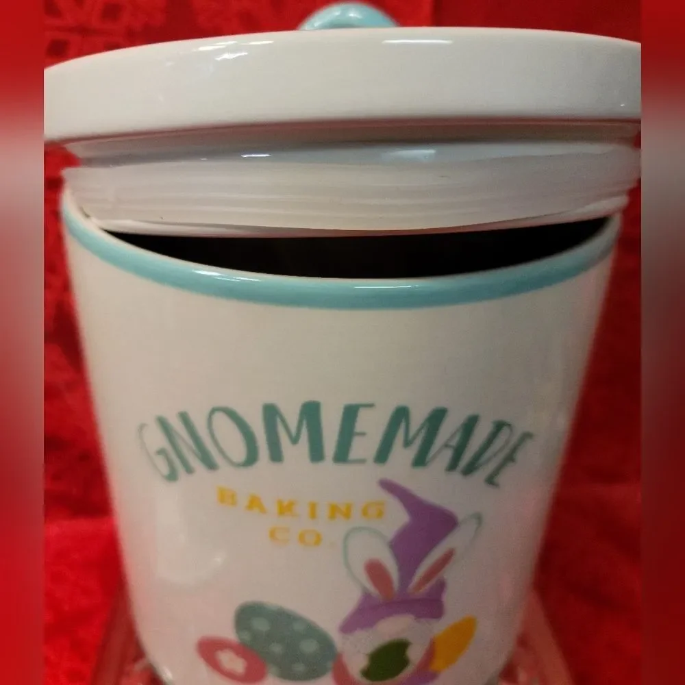 DesignPac Gnomemade Baking Co Ceramic Cookie Jar Huge White Teal Easter Gnome